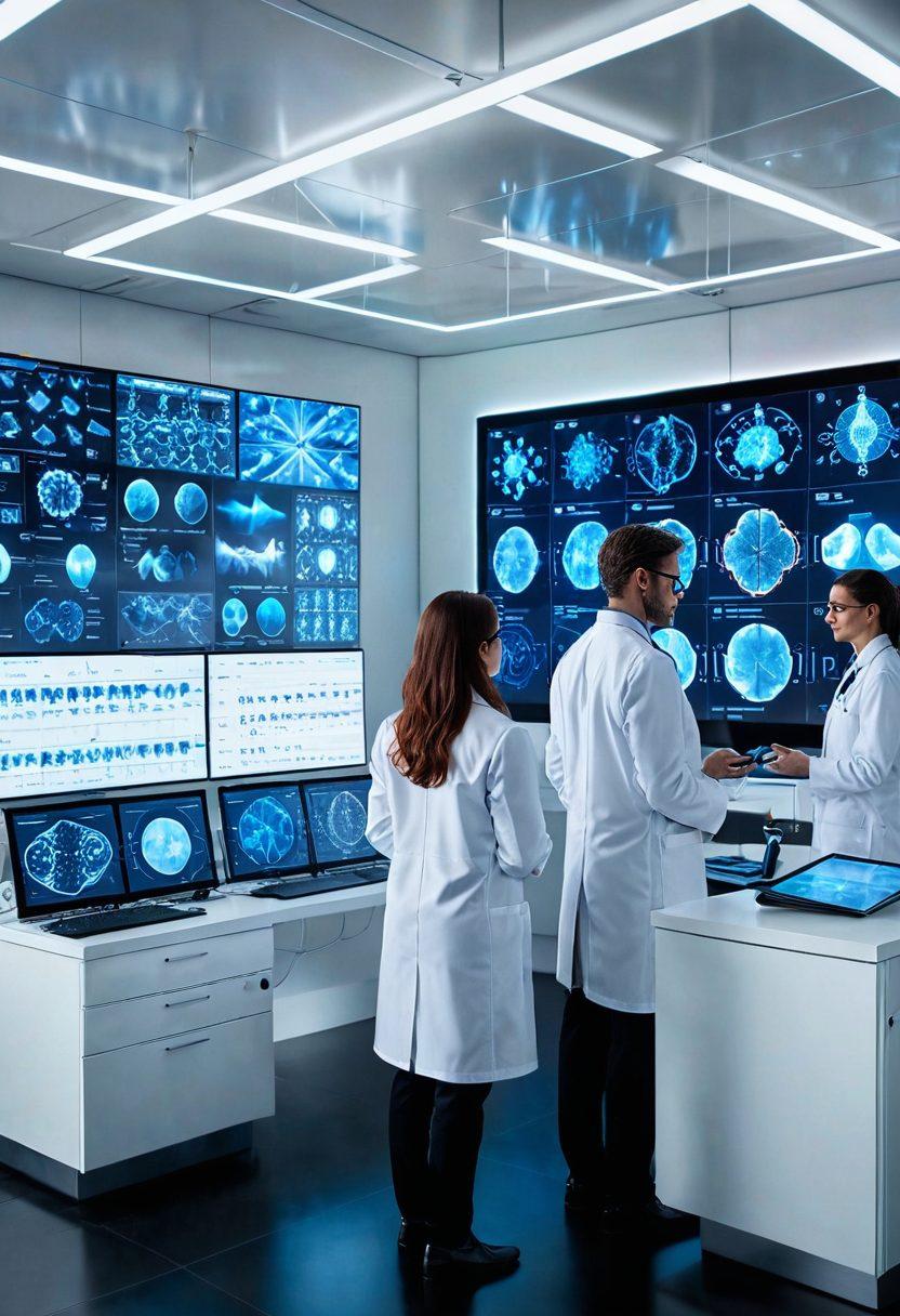 A futuristic medical laboratory with advanced equipment and holograms displaying key innovations in medicine. Researchers in white lab coats analyzing data on smart screens, with molecular structures and DNA sequences floating in the air. Soft, high-tech lighting and a background showing scientific journals titled JAHR. super-realistic. vibrant colors. high-definition.