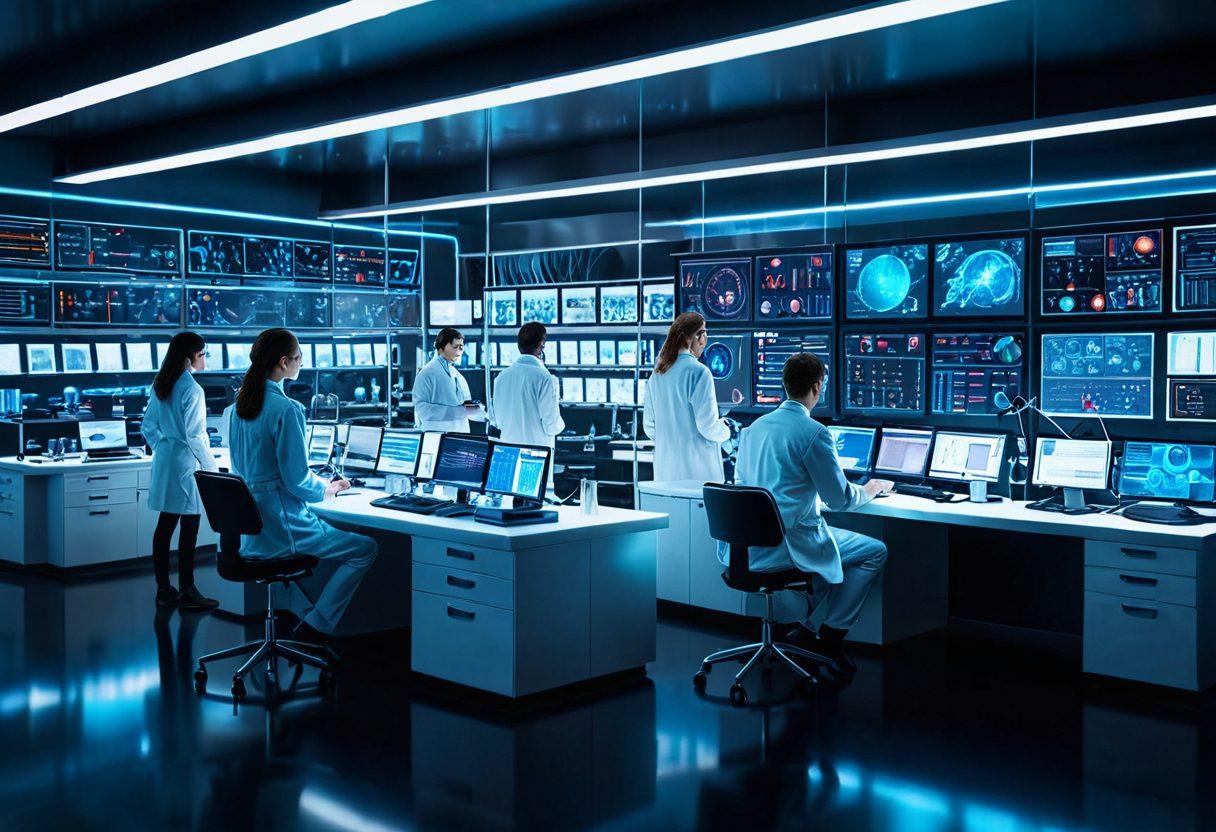 Illustration of scientists and medical researchers in a high-tech laboratory, examining futuristic medical equipment and holographic data screens. In the background, shelves filled with peer-reviewed journals and research papers. Bright, modern colors with dynamic lighting. super-realistic. vibrant colors. 3D.