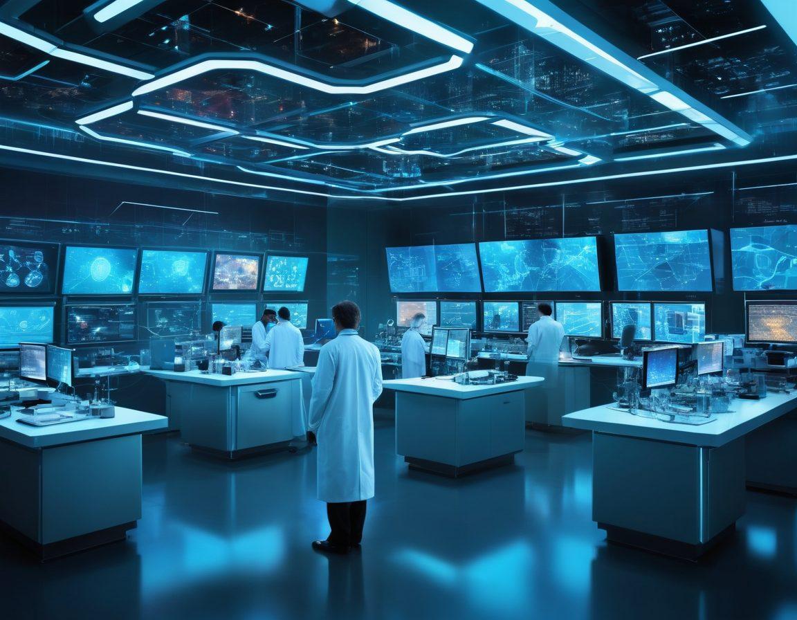 A futuristic laboratory filled with advanced medical equipment, scientists in lab coats analyzing data on holographic screens, and images of molecules and DNA strands. In the background, a large hospital showcases cutting-edge healthcare. vibrant colors. super-realistic.